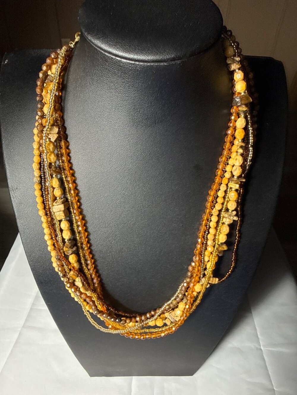 Vintage Earth Tone Multi Strand Beaded Statement Necklace Boho Amber Gold Brown